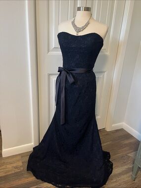 Strapless Navy Lace Evening Gown with Sash